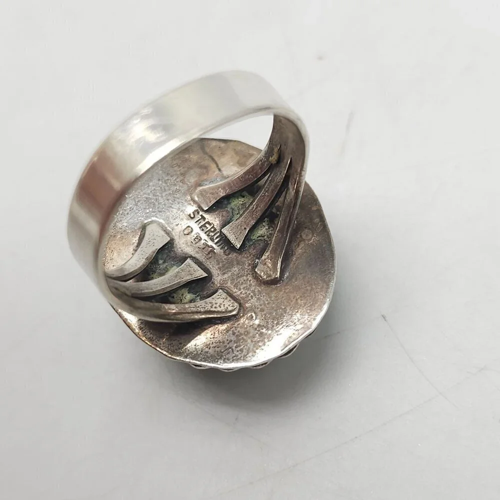 Vintage Navajo Sterling Silver Azurite Ring Size 7.5 With Rope-Edge Design
